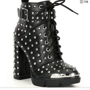 Gianni Bini Rhiannen Black and Silver Studded Spiked Chunky Heeled Boots